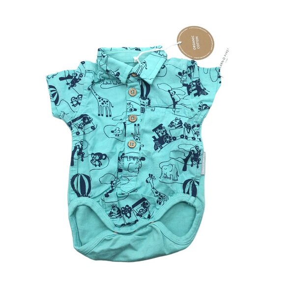 Polarn O. Pyret Organic Cotton Baby One Piece Animal Prints Collar Button-Up 0-1 - Picture 1 of 7